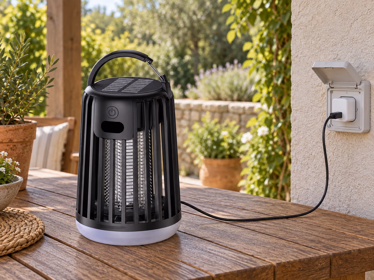 Lampe anti moustique rechargeable posée sur une table sèche sous un auvent, câble de recharge branché sur une prise murale protégée
