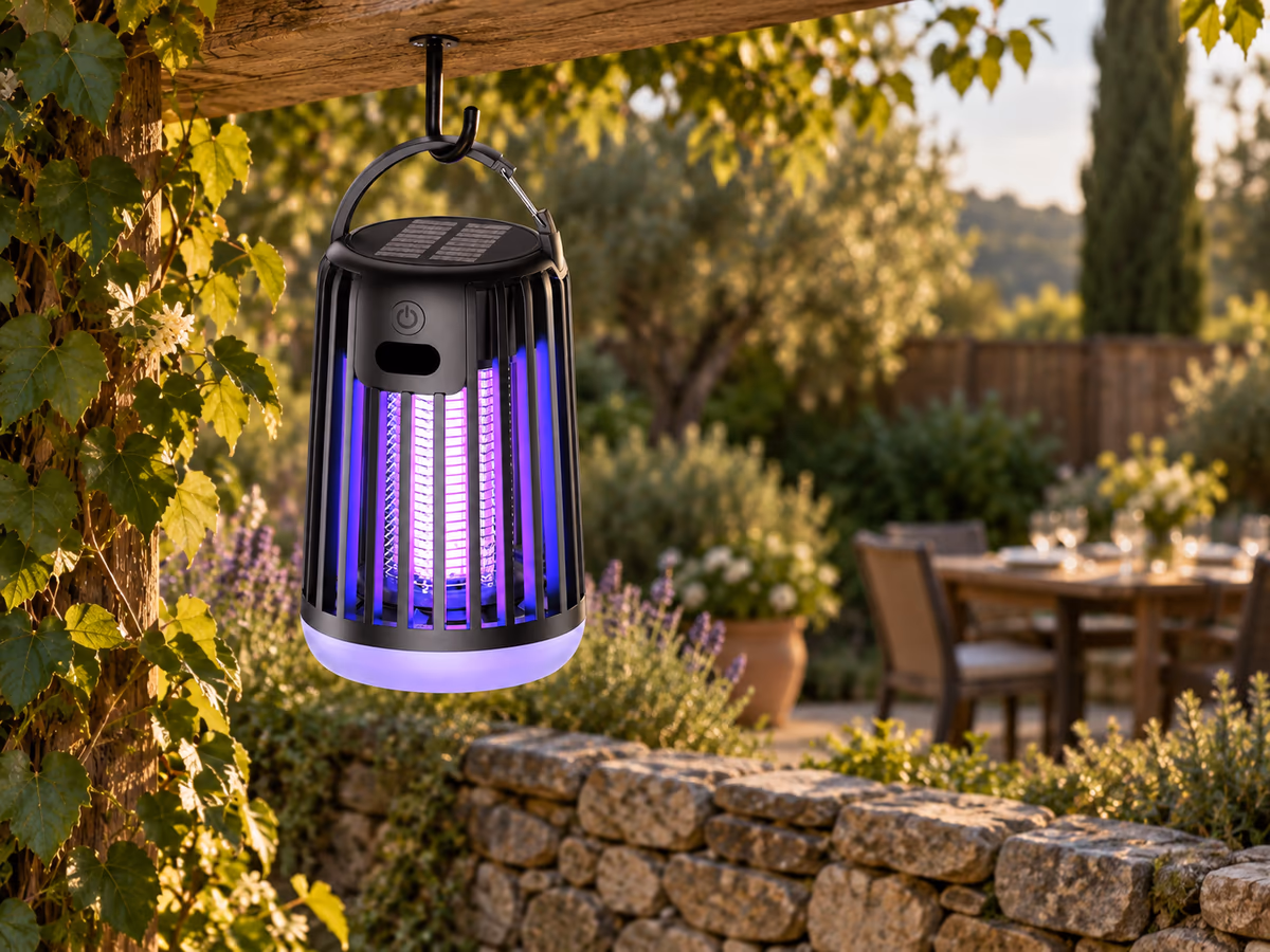 Lampe anti moustique rechargeable suspendue à un crochet de pergola en bois au-dessus d'un muret, à l'écart d'une table de jardin dressée