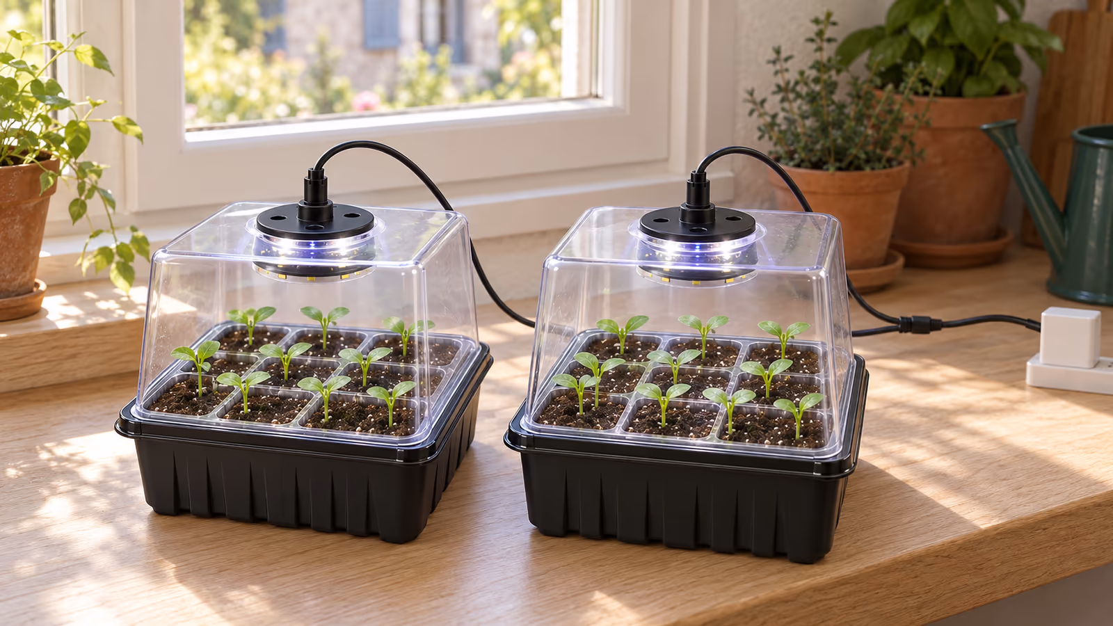 Deux mini serres avec dômes transparents posées côte à côte et éclairées par leurs lampes LED