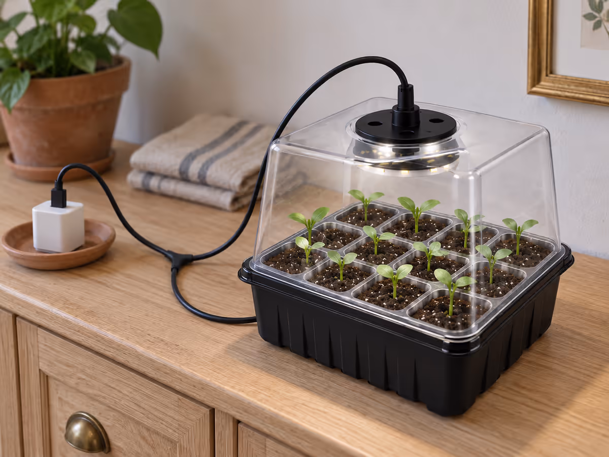 Câble USB noir en Y déroulé sur un meuble en bois, sa fiche branchée sur un chargeur posé à l'écart de la mini serre