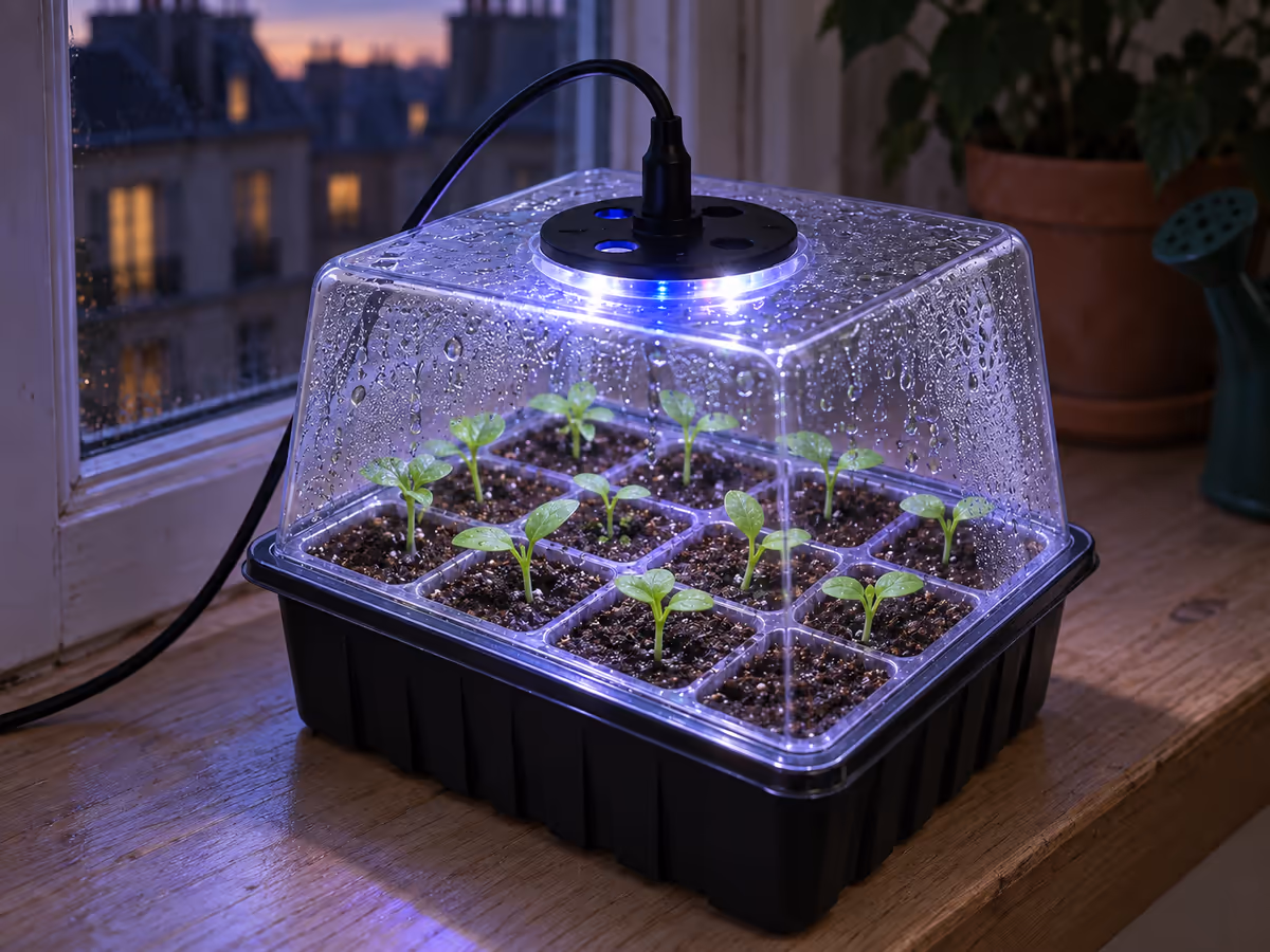 Gouttelettes d'eau perlant sous le dôme transparent d'une mini serre, lampe allumée au-dessus
