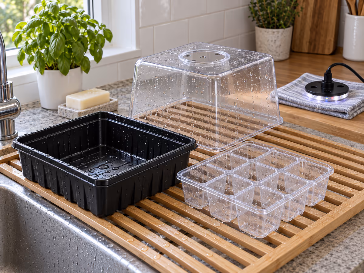 Plateau transparent et dôme posés sur un égouttoir après nettoyage, lampe LED gardée à l'écart