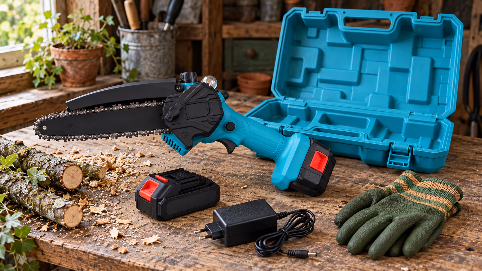 Mini tronçonneuse posée sur un établi, coffret ouvert à côté avec deux batteries, un chargeur et une paire de gants