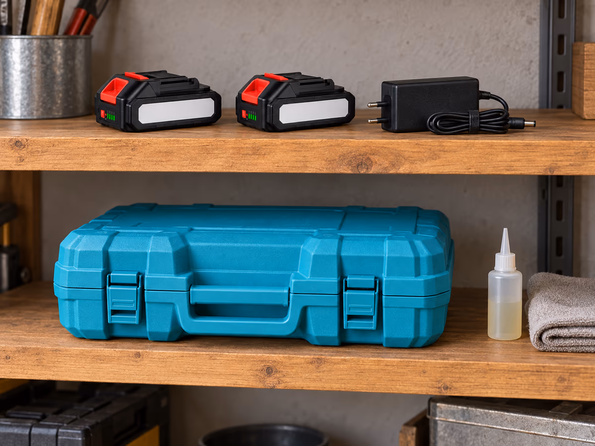 Batterie lithium et chargeur sur une étagère d'atelier à l'abri du soleil, mini tronçonneuse rangée dans son coffret