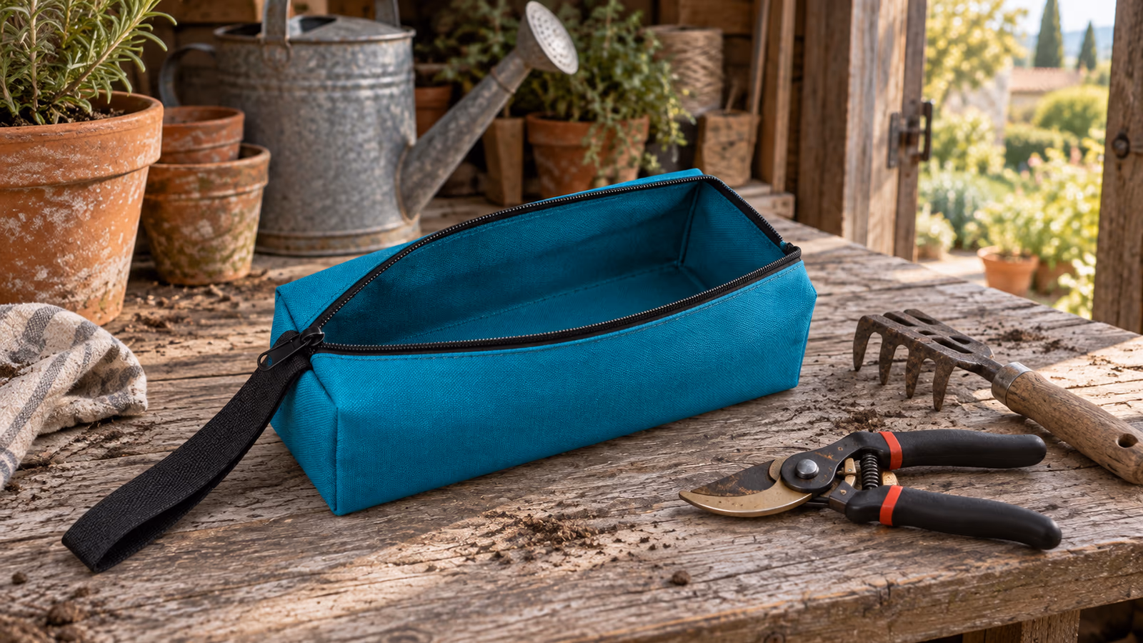 Pochette de rangement en toile turquoise ouverte sur un établi de cabanon, un sécateur posé à côté sur le bois