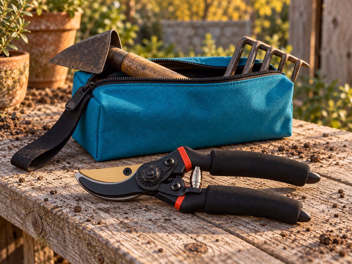 Sécateur à main posé lame refermée sur une planche de bois, près d'une pochette en toile turquoise débordant d'outils de jardin