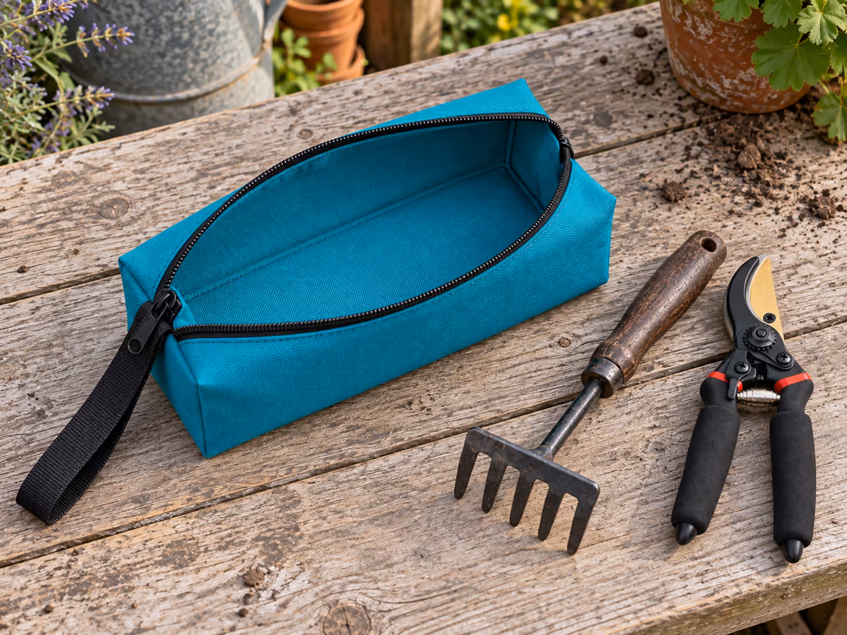Pochette en toile turquoise ouverte à plat sur un établi de cabanon, deux outils à main posés côte à côte sur le bois