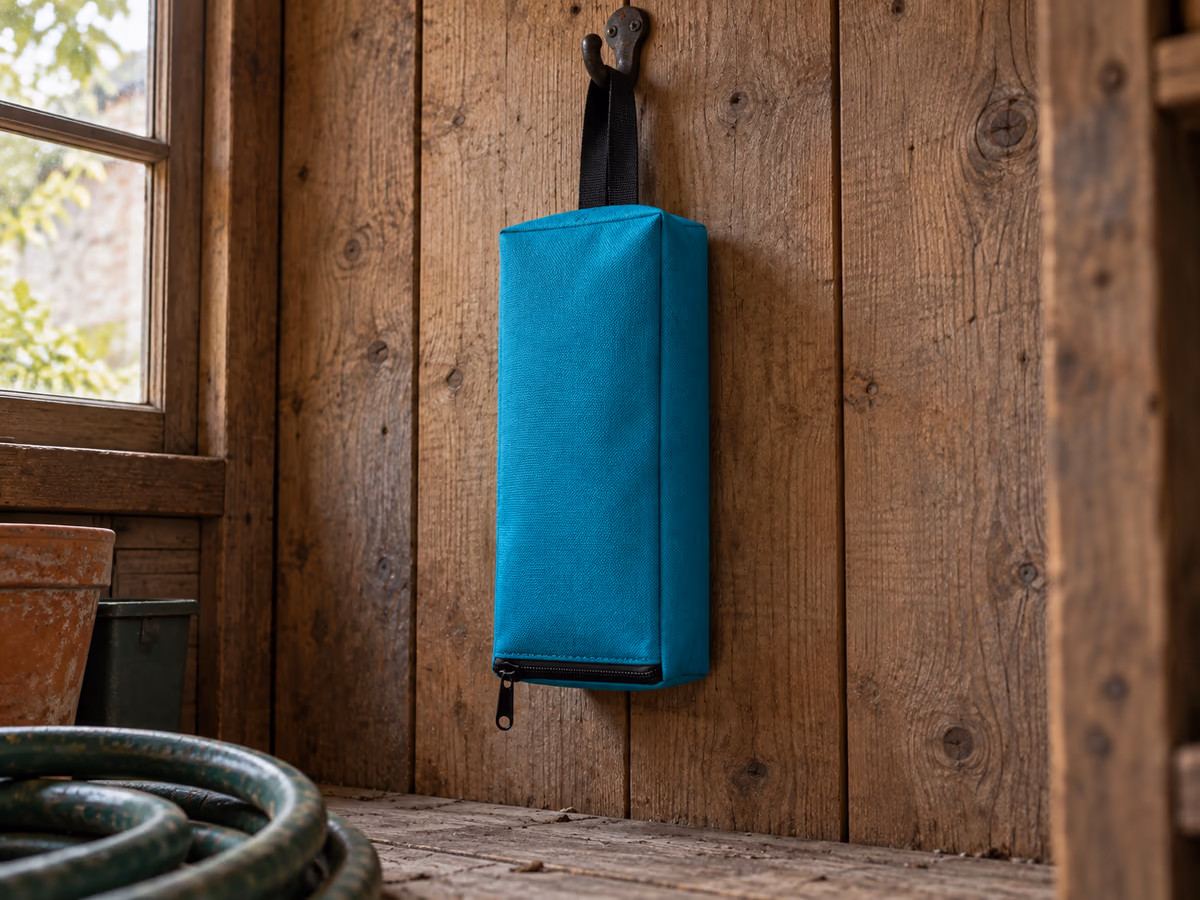 Pochette à outils en toile turquoise suspendue à plat contre la paroi de bois d'un abri de jardin, un crochet au-dessus