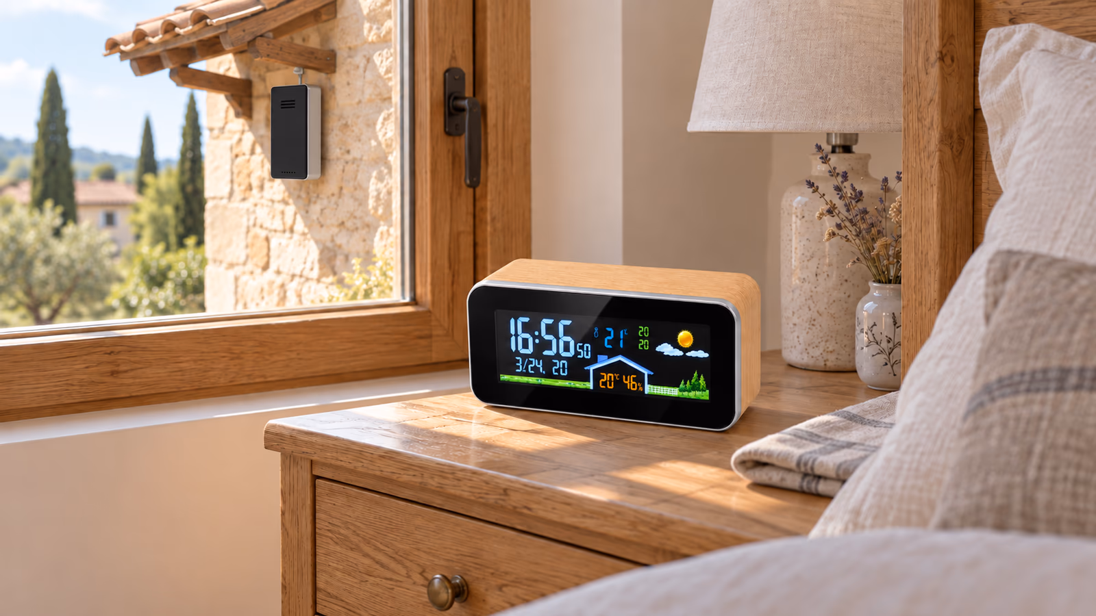 Boîtier à habillage bois clair posé sur une table de nuit au petit matin, sonde extérieure suspendue sous un auvent visible derrière la vitre