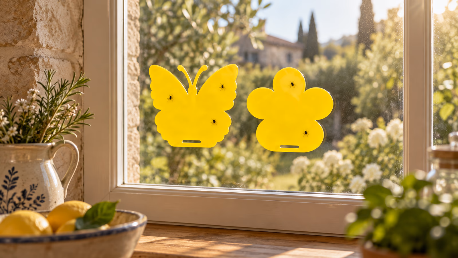 Plaques collantes jaunes en forme de papillon et de fleur posées à plat sur une vitre de cuisine, lumière du matin