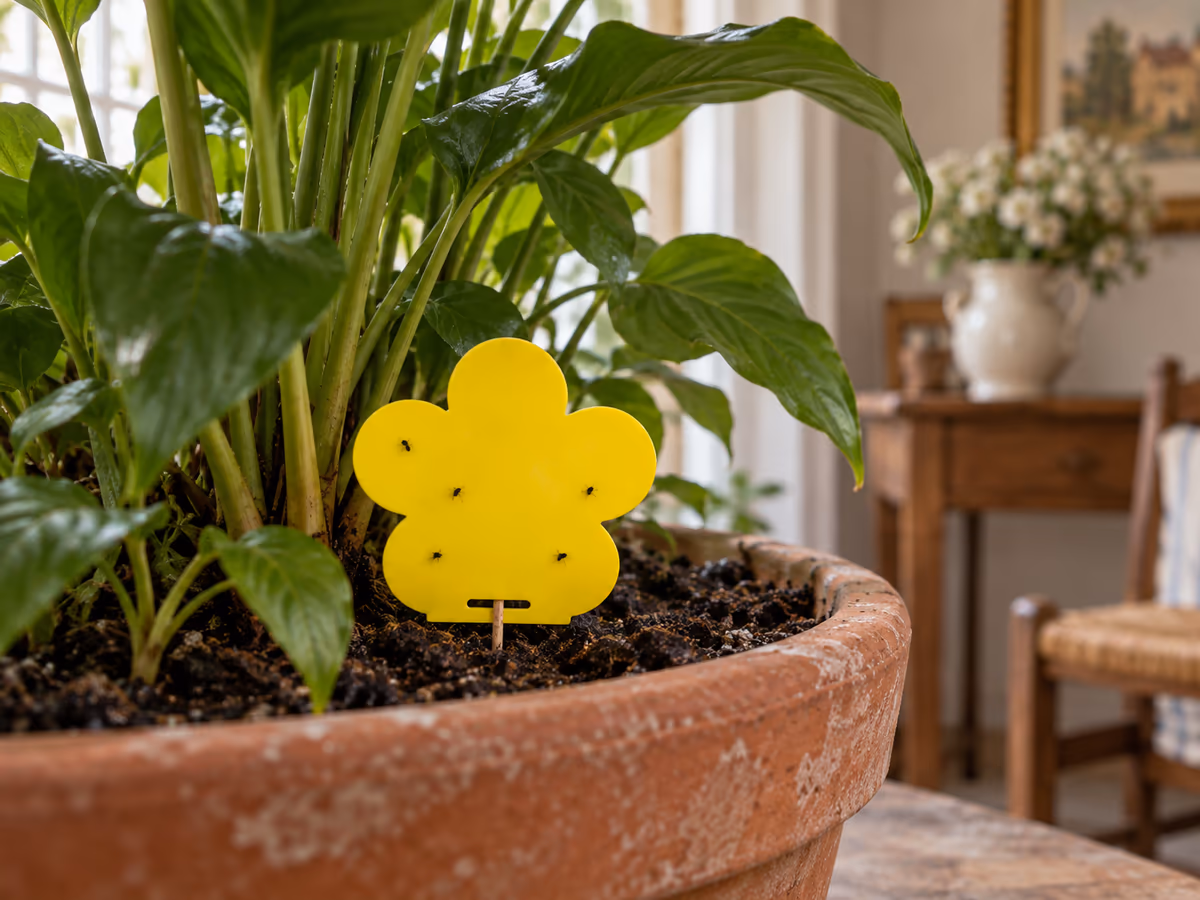 Plaque collante jaune en forme de fleur plantée sur une tige fine au ras du terreau d'un pot de plante verte