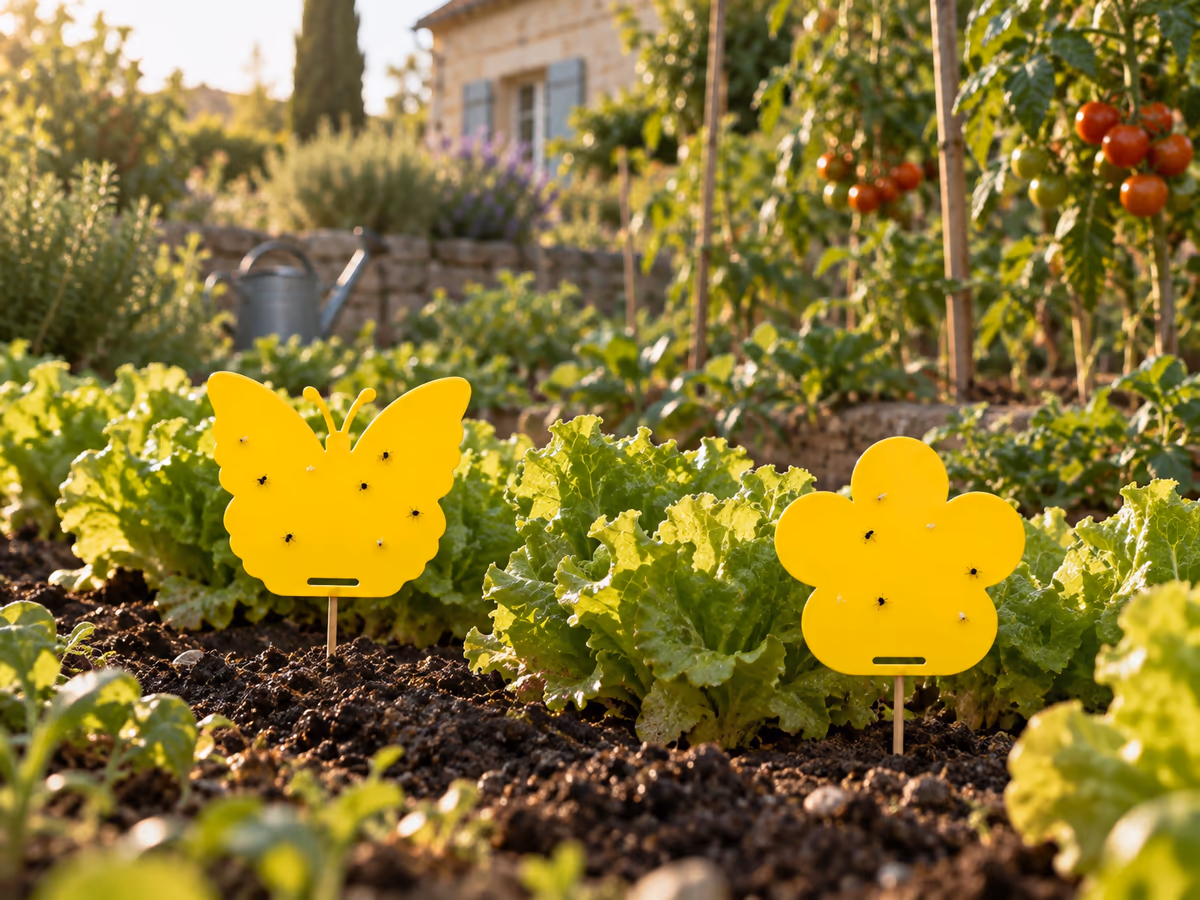 Deux plaques collantes jaunes plantées bas le long d'un rang de laitues dans un potager, lumière de fin d'après-midi