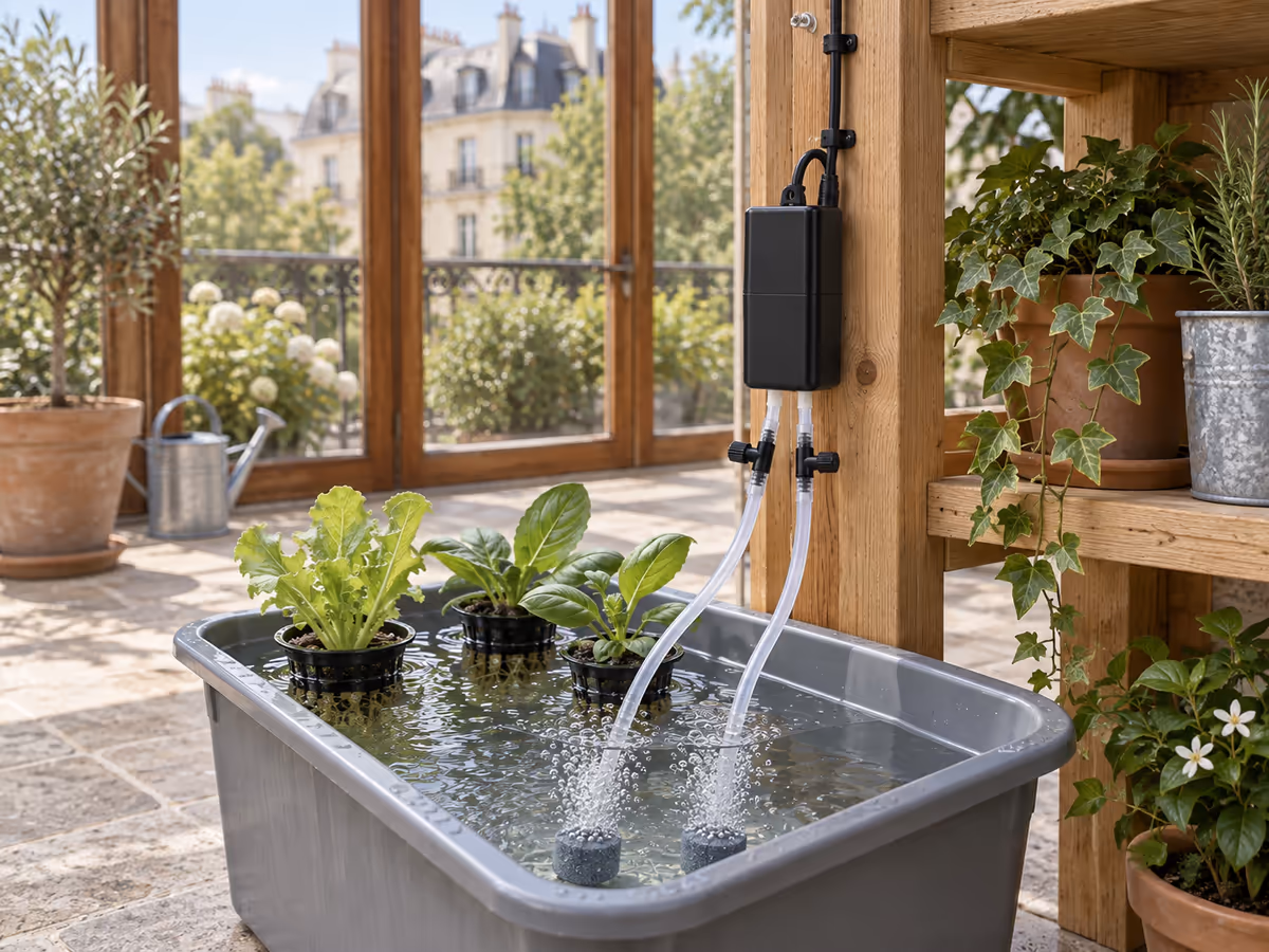 Câble USB d'une pompe à air plaqué contre un montant de bois, à l'écart du sol et des passages, boîtier suspendu au-dessus d'une réserve