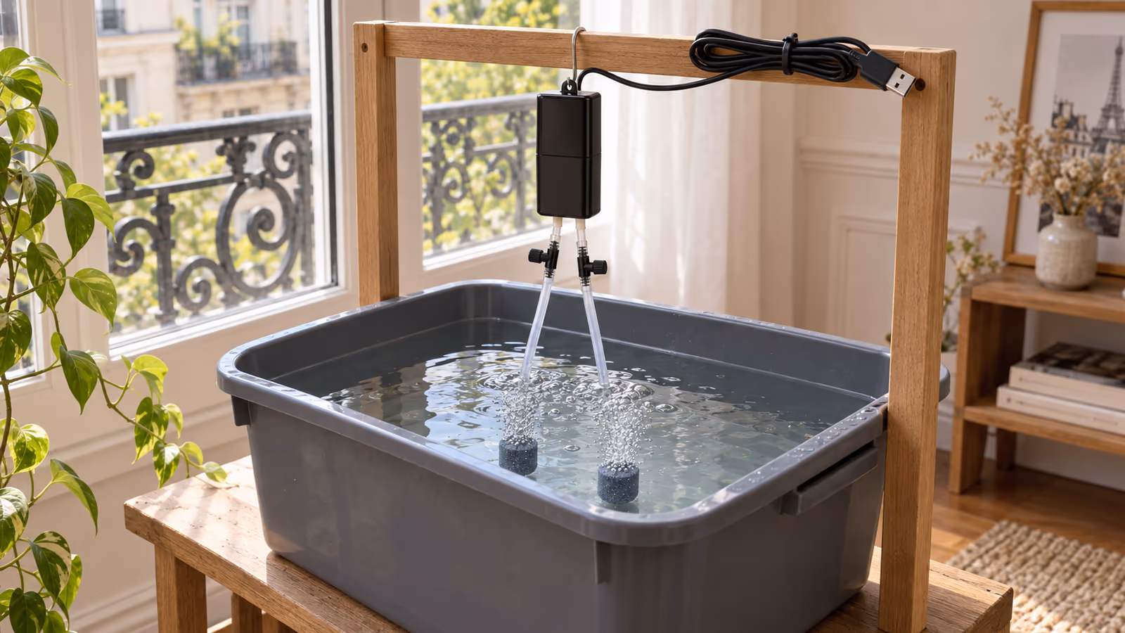 Boîtier de pompe à air suspendu par son œillet au-dessus du plan d'eau d'une réserve, deux tubes souples plongeant vers une paire de pierres grises