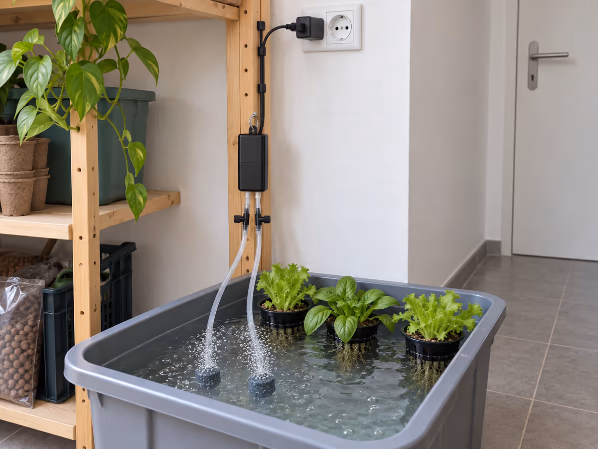 Prise murale en hauteur au-dessus d'une réserve de culture, câble USB plaqué contre le montant du meuble et boîtier de pompe suspendu à un crochet