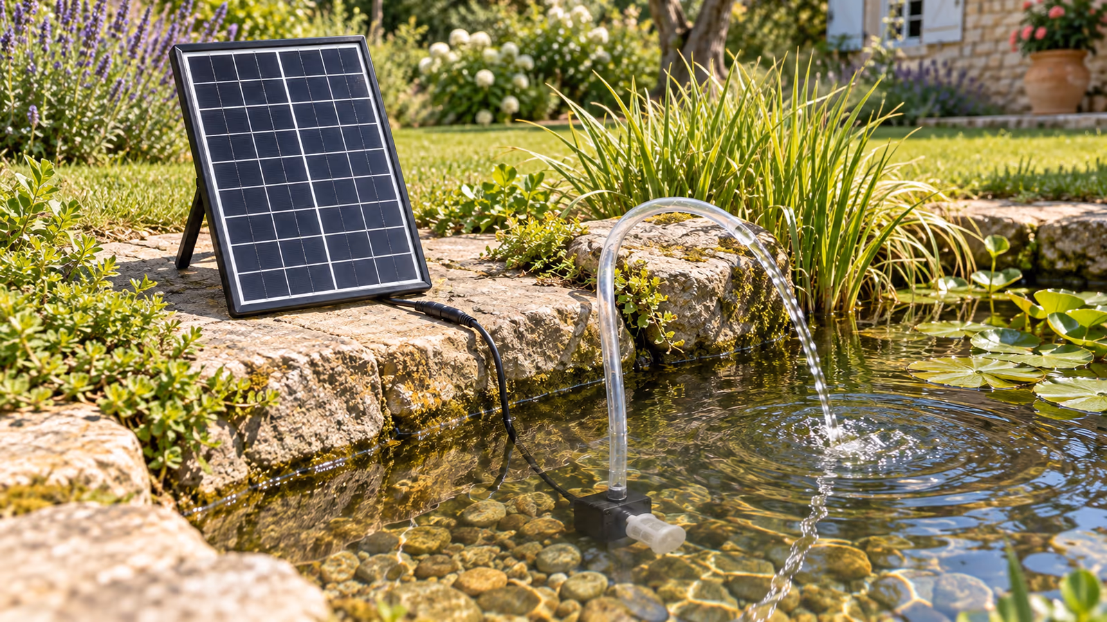 Panneau solaire noir dressé sur sa béquille au bord d'un bassin, pompe immergée dans l'eau claire, plein midi
