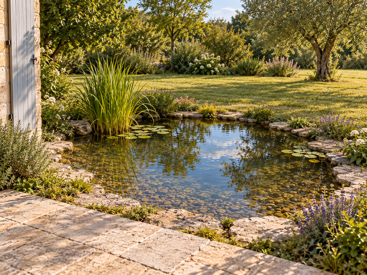Berge d'un bassin de jardin vue depuis la terrasse, margelle basse en pierres plates, eau claire et touffe de carex