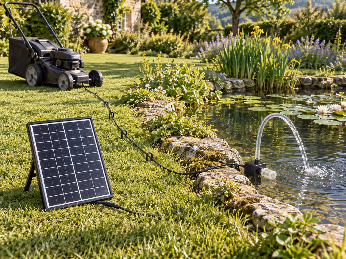 Câble noir d'un panneau solaire couché dans l'herbe tondue jusqu'au bord d'un bassin, tondeuse à l'arrêt