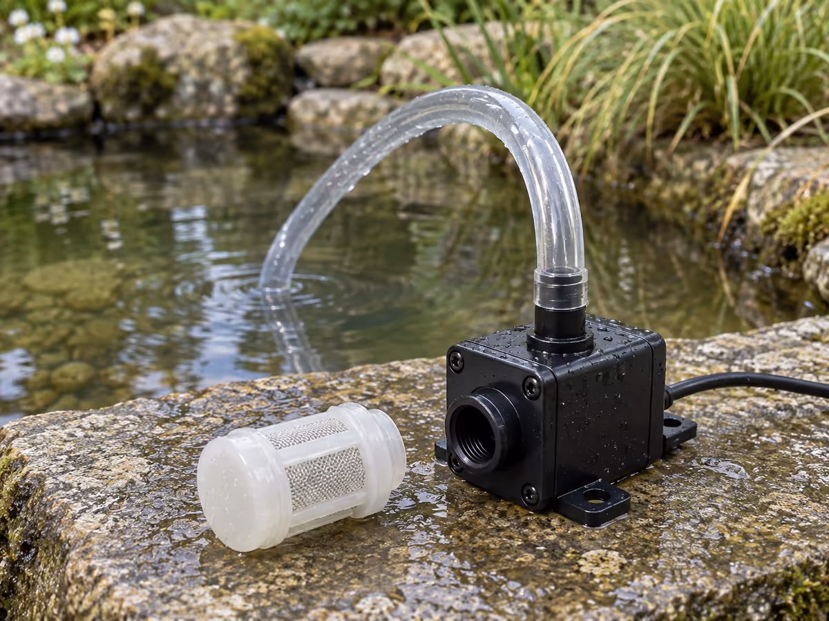 Pompe submersible noire posée sur une pierre plate au bord de l'eau, crépine translucide déboîtée à côté
