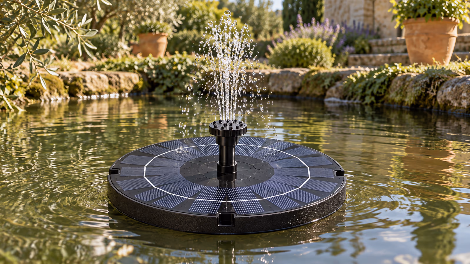 Fontaine solaire flottante posée au milieu d'un bassin de jardin, cellules bleues visibles et gerbe courte sous le soleil