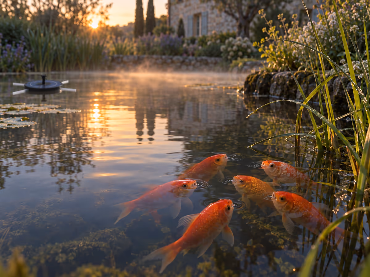 Petit bassin de jardin au lever du jour, poissons rouges en surface près des herbes de berge, lumière rasante