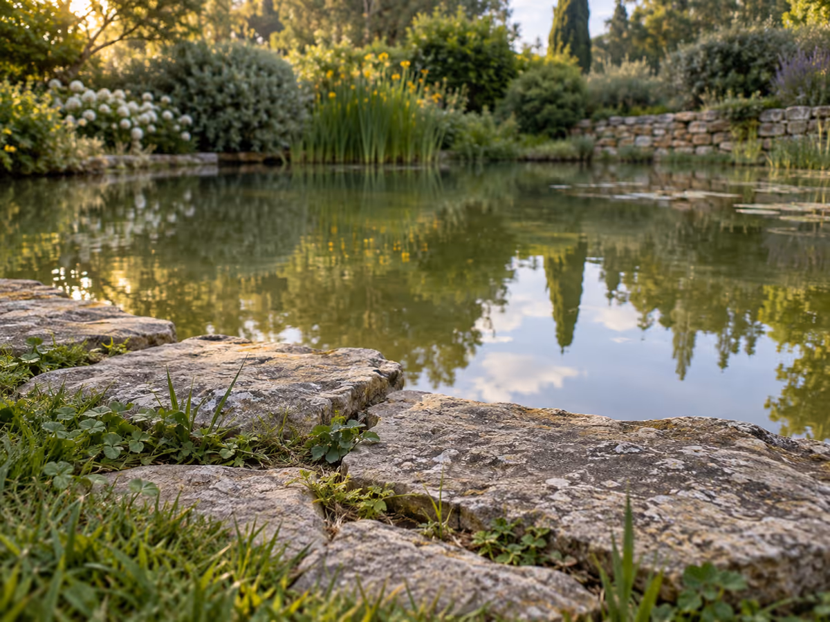 Berge d'un bassin de jardin en pierres plates vue depuis la pelouse, eau calme et arbustes en arrière-plan