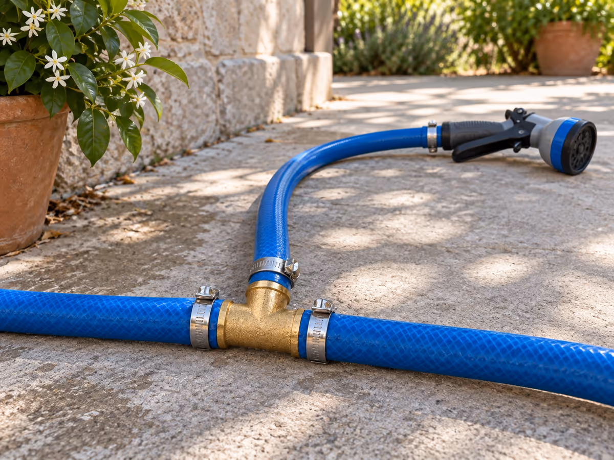 Tuyau d'arrosage bleu sous pression sur une terrasse en béton, pistolet d'arrosage fermé posé au sol à l'ombre d'un mur