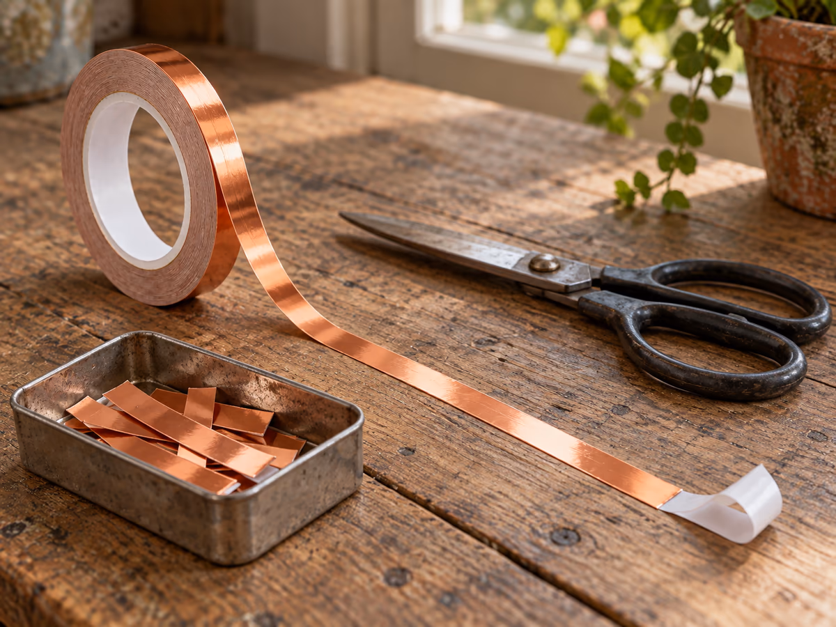 Ruban de cuivre déroulé à plat sur une table en bois, ciseaux à côté et chutes de bandelette rangées dans une petite boîte métallique