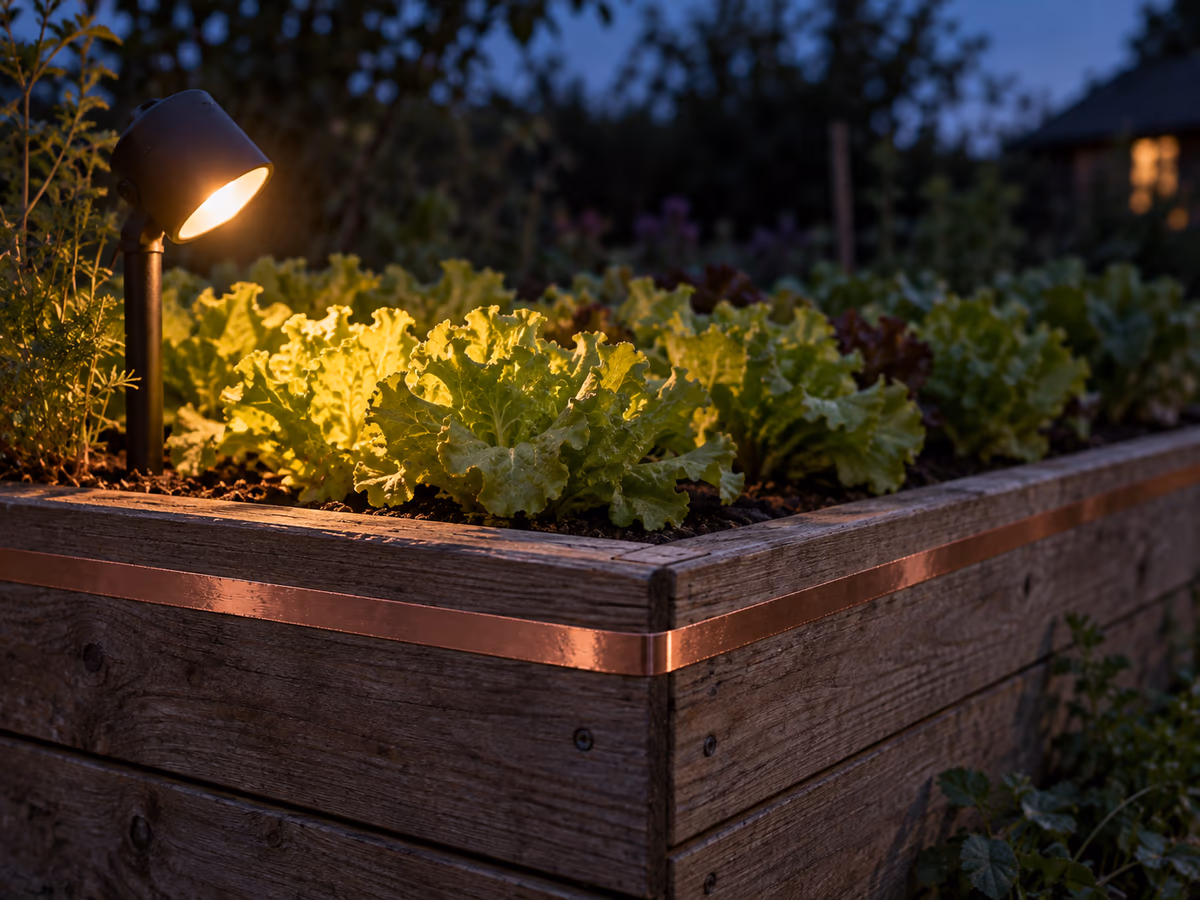 Bac de potager au crépuscule, bande de cuivre sur le rebord et feuilles de salade éclairées par une lampe posée à côté