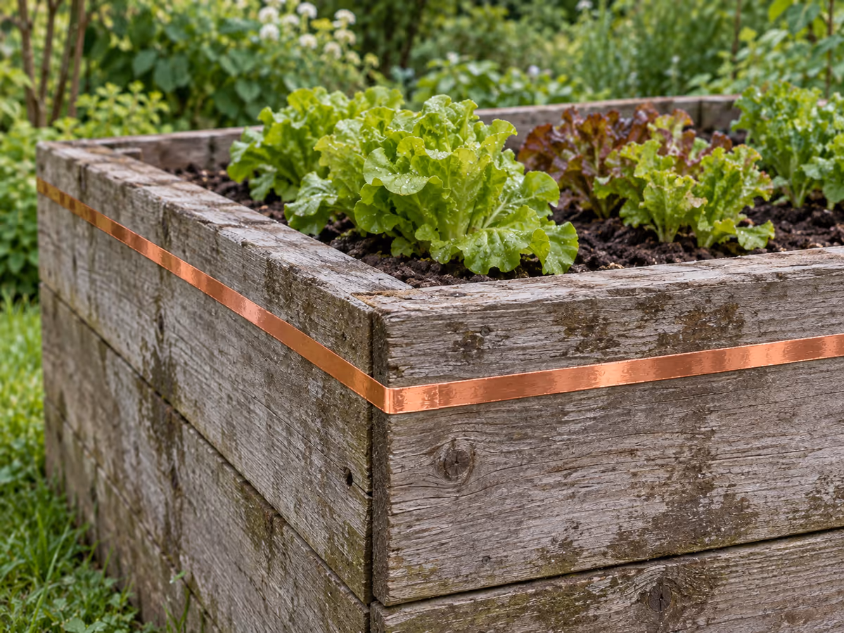 Bande de cuivre collée sur le pourtour extérieur d'un bac de potager en bois, terre humide et jeunes salades derrière la planche