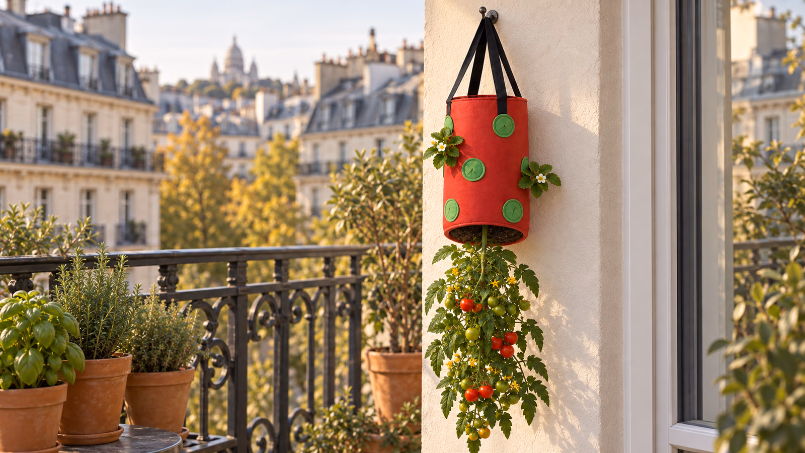 Sac de culture suspendu rouge à treize poches accroché à une poutre de balcon, tomate cerise descendue sous le fond ouvert, lumière de fin septembre