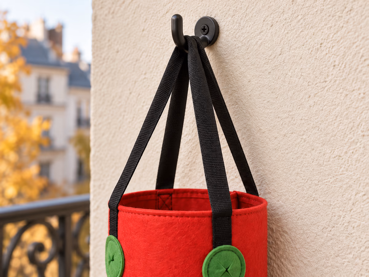 Gros plan sur le point de suspension unique d'un sac de culture en feutre rouge, quatre sangles plates réunies sur un crochet à visser dans un mur de balcon