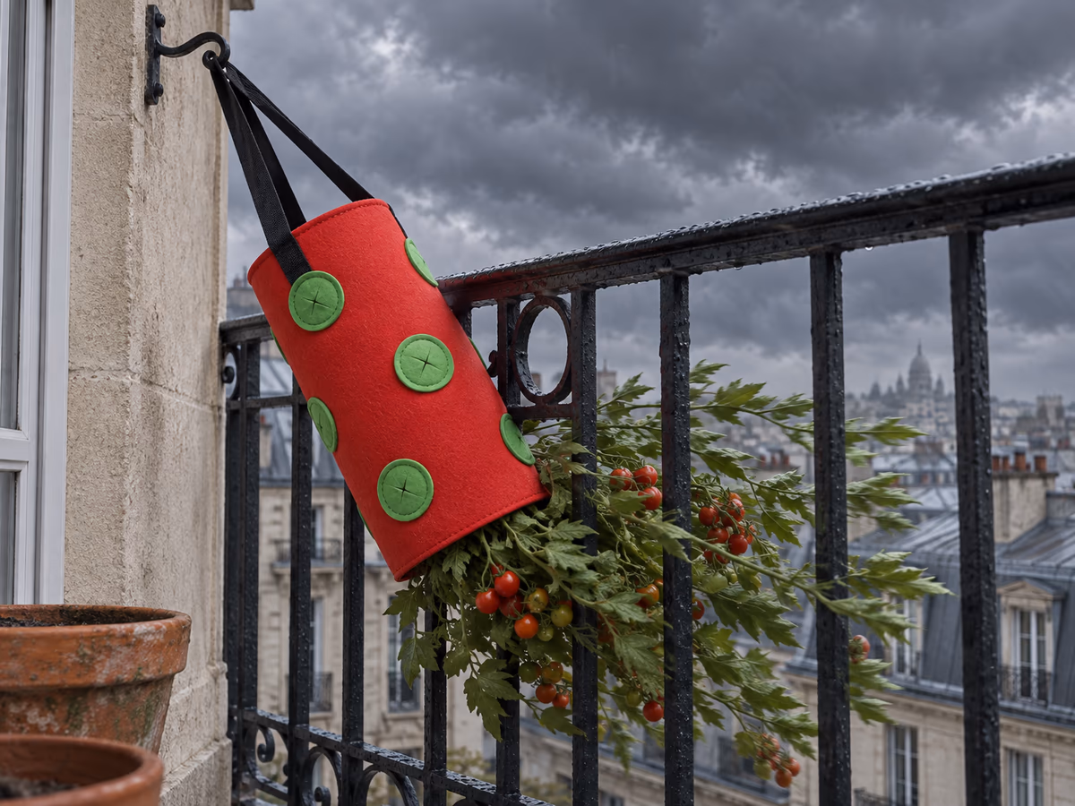 Sac de culture suspendu rouge penché par le vent contre un garde-corps de balcon, feuillage de tomate couché et ciel gris de tempête