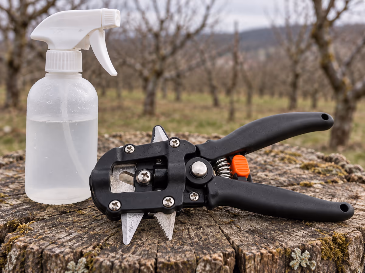 Un flacon vaporisateur d'alcool posé près de la tête du sécateur sur une souche de bois