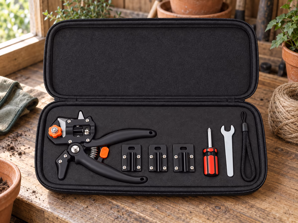 Le sécateur de greffage rangé dans son coffret moulé avec ses accessoires de rechange