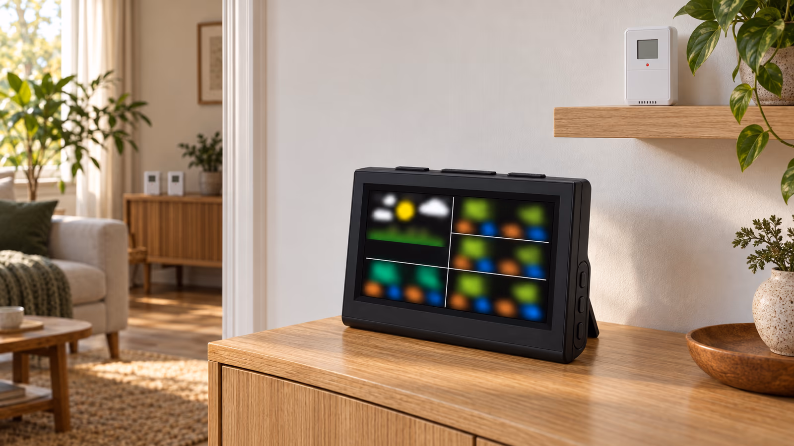 Console couleur sur une commode de séjour, une sonde blanche sur une étagère, deux autres dans l'embrasure d'une porte