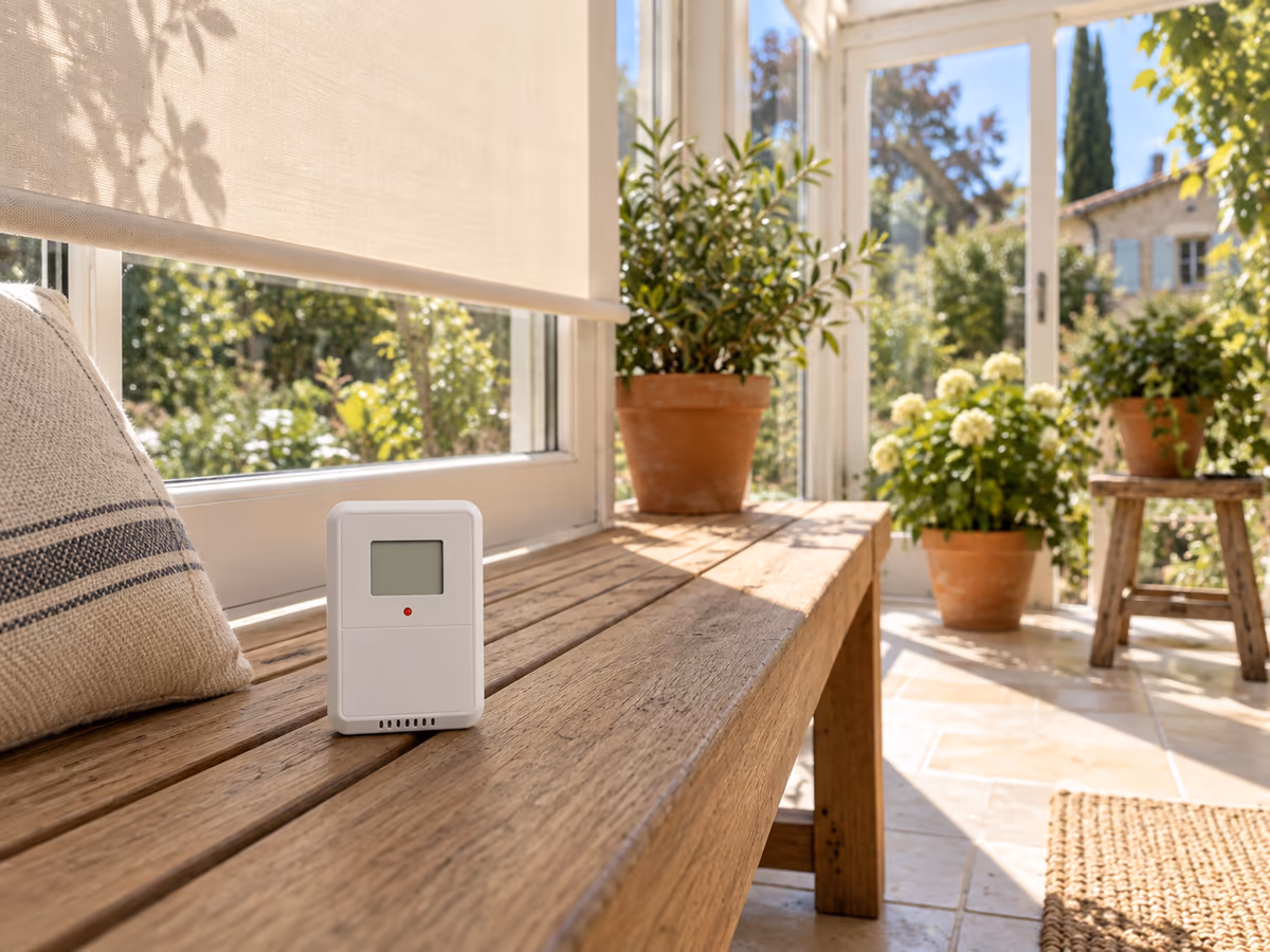 Véranda baignée de soleil, une sonde blanche posée à l'ombre d'un store, un banc en bois et des plantes en pot