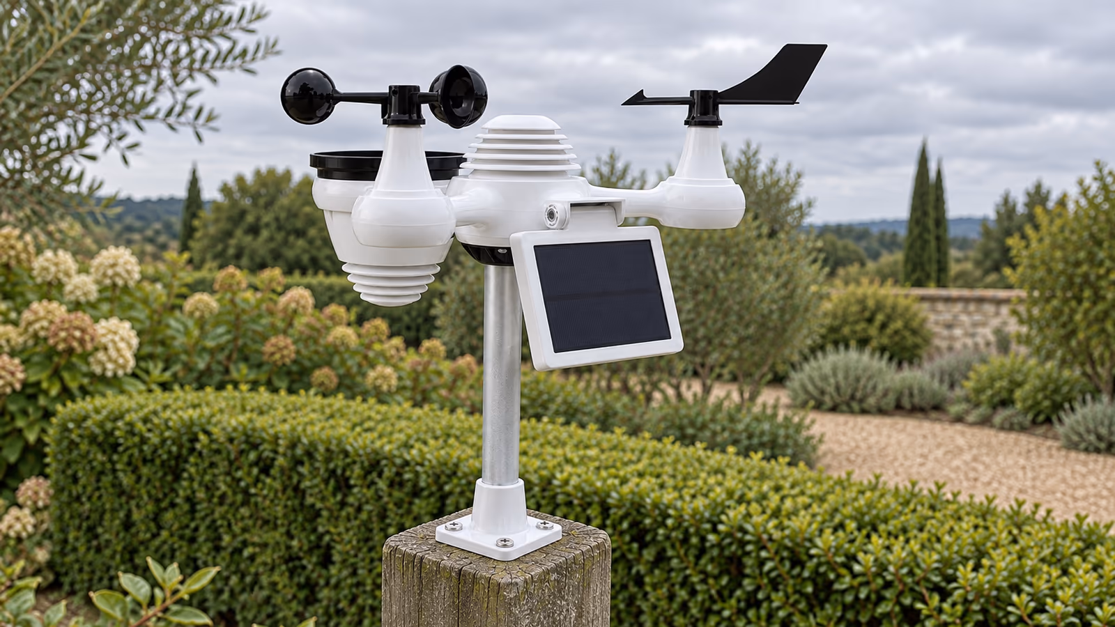 Station météo en tête de mât sur un poteau de clôture, girouette et coupelles visibles, jardin dégagé sous un ciel couvert