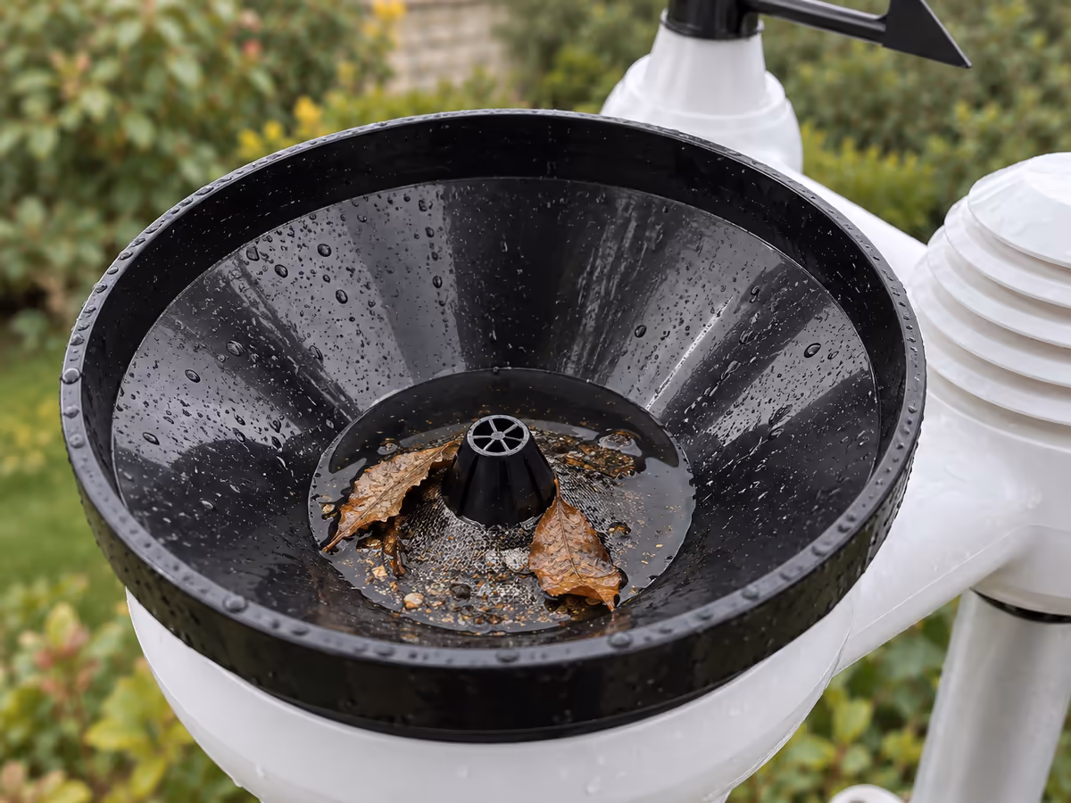 Gros plan sur l'entonnoir du capteur météo, quelques feuilles mortes et de la poussière coincées au-dessus du filtre
