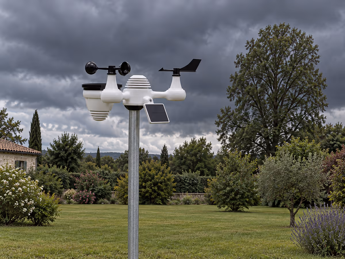 Capteur météo sur son mât dans un jardin, ciel d'orage sombre au-dessus, un grand arbre plus haut au fond du terrain