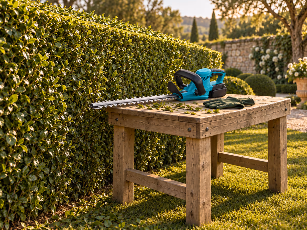 Jardinier utilisant une plateforme stabilisée pour tailler le sommet d'une haie dense