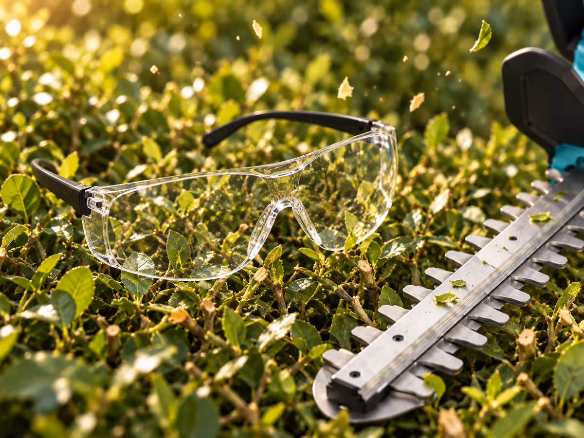 Gros plan sur des lunettes de protection transparentes portées lors de la taille d'un arbuste