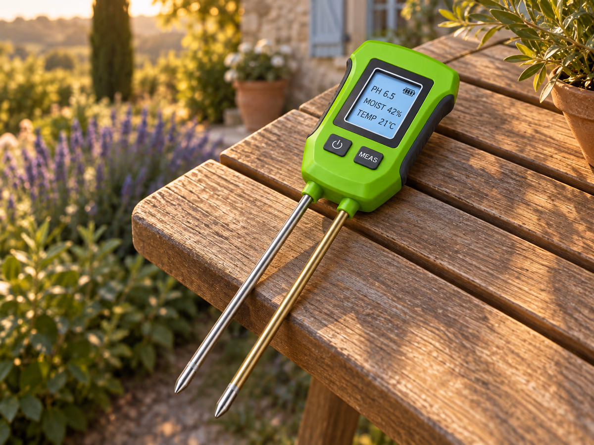 Écran LCD rétroéclairé d'un testeur de sol numérique affichant trois lignes de valeurs, posé sur une table de jardin en fin de journée