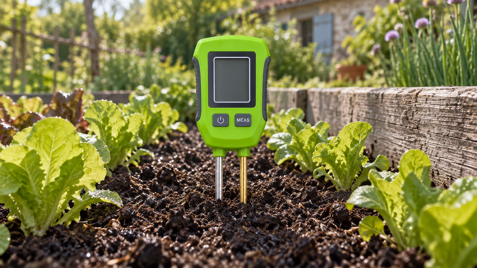 Testeur de sol numérique à écran posé sur une planche de potager au printemps, deux lames métalliques plantées dans la terre humide entre deux rangs de salades