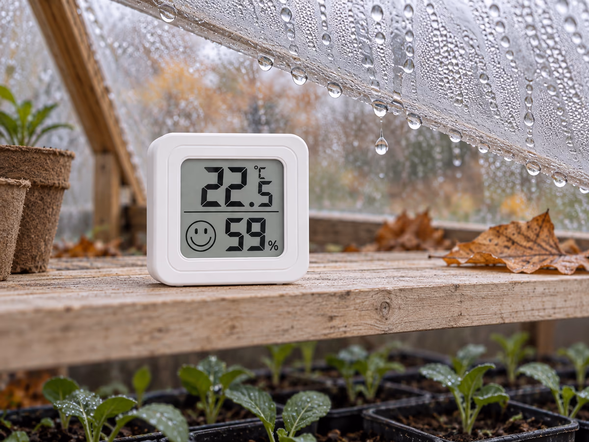 Gouttes de condensation sur la paroi d'un châssis au-dessus d'un petit boîtier blanc posé sur une planche, godets de semis en dessous