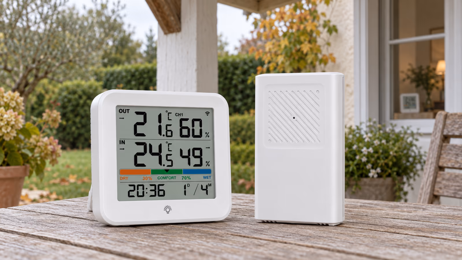 Sonde blanche suspendue sous un auvent de bois au-dessus d'une terrasse, écran d'intérieur visible derrière une fenêtre