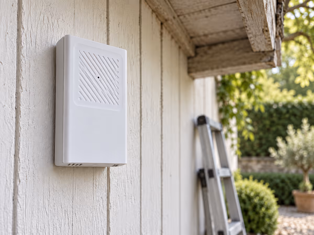 Sonde blanche suspendue par son trou de fixation à un clou sous un auvent de bois, grille de ventilation vers le bas, escabeau plié contre le mur