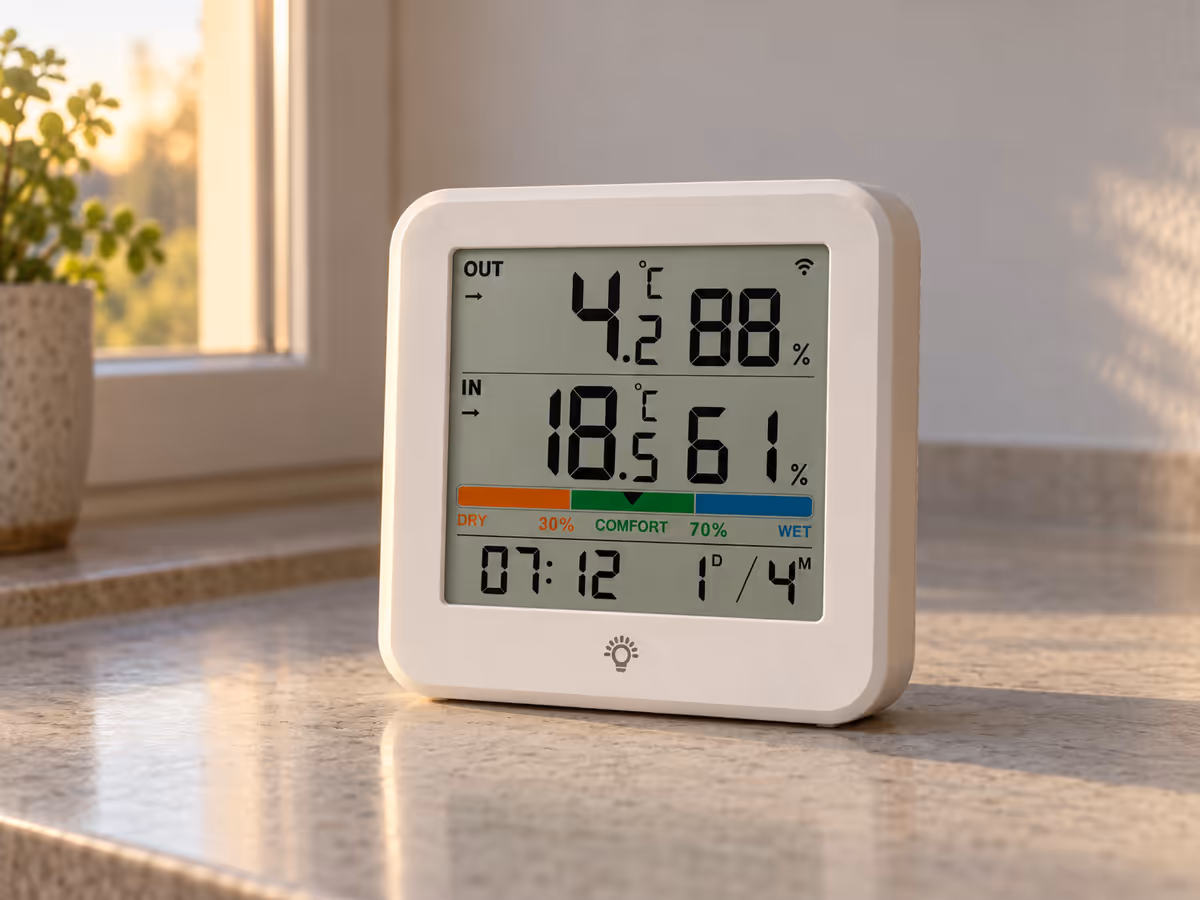 Écran de thermomètre hygromètre posé sur un plan de travail au petit matin, lumière rasante par la fenêtre, deux lignes de mesure affichées avec la ligne du dehors en dessous