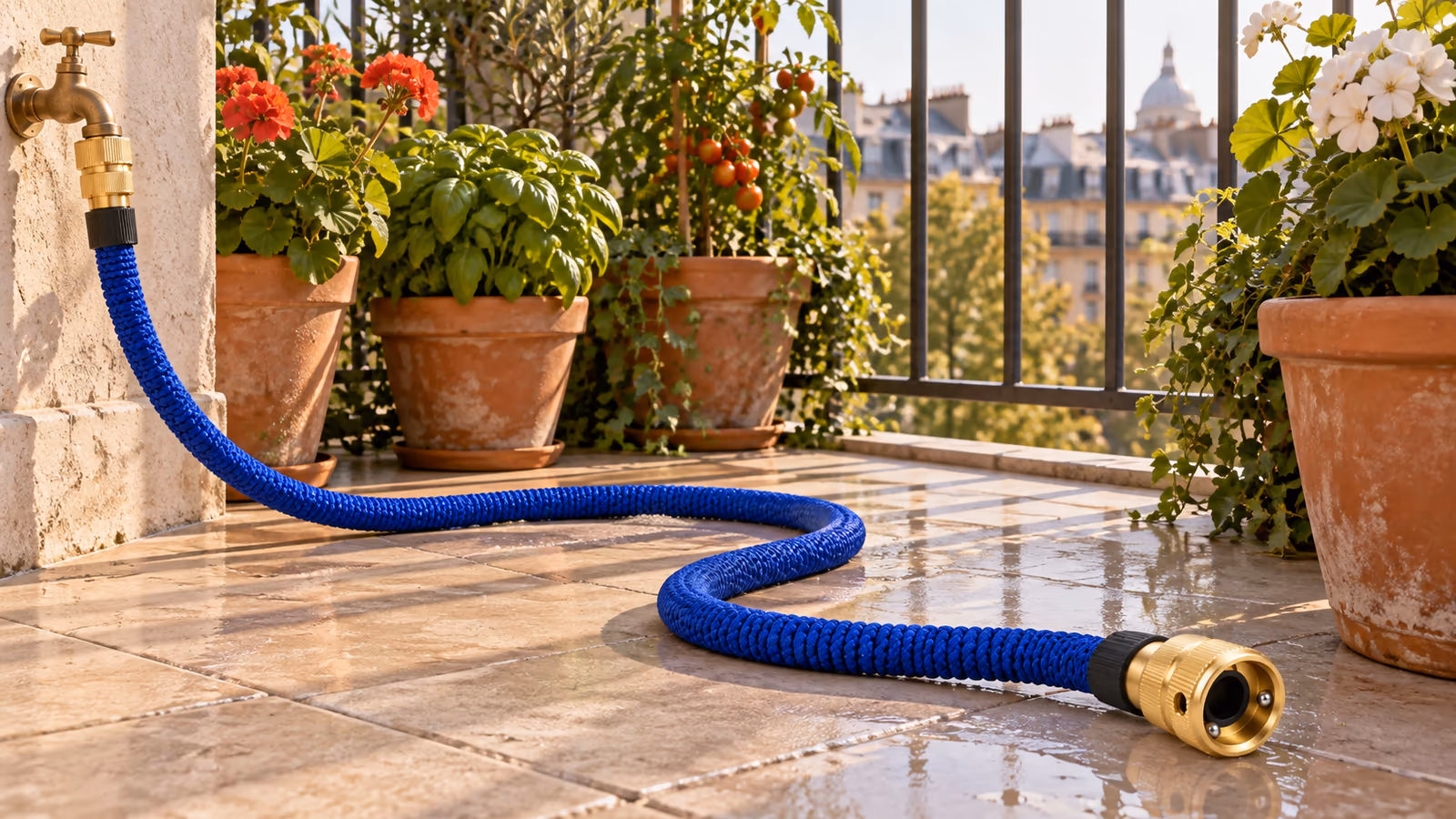 Tuyau extensible compact bleu déployé sur un balcon carrelé, passant à l'écart d'une jardinière le long d'un garde-corps métallique