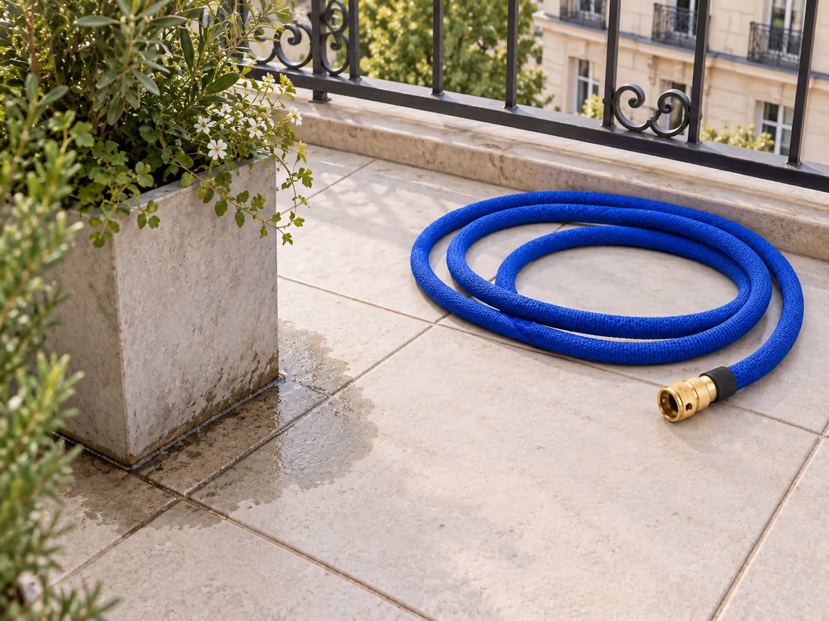 Dalle de balcon carrelée avec une auréole d'humidité au pied d'une jardinière et un tuyau extensible rangé en boucles lâches à côté